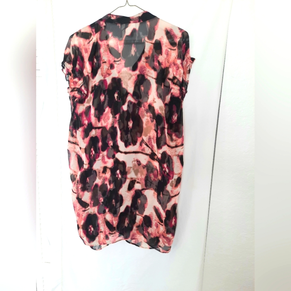 Worthington Woman Sheer Pink Floral Top Ruffle Front Stretch Sleeve V Neck S 2X